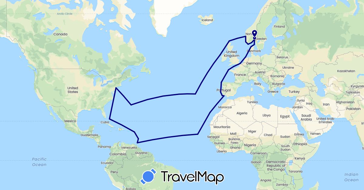 TravelMap itinerary: driving in Belgium, Bermuda, Bahamas, Cape Verde, Denmark, Spain, France, United Kingdom, Honduras, Iceland, Jersey, Saint Kitts and Nevis, Norway, Portugal, Trinidad and Tobago, United States (Africa, Europe, North America)